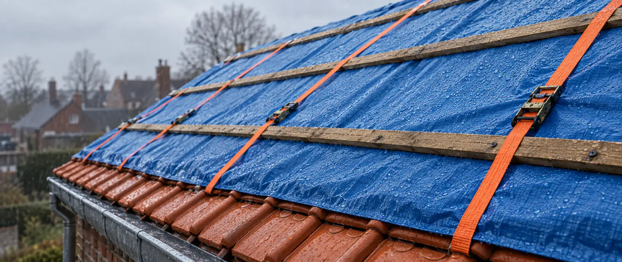 Bâchage de toiture à Dunkerque : bâche bleue tendue sur un pan entier de toit, fixée par des liteaux et des sangles
