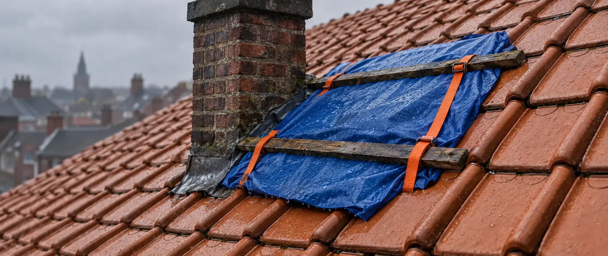 Bâchage de toiture à Grande-Synthe : bâche bleue sur une zone de tuiles abîmée, à côté d’une cheminée en briques