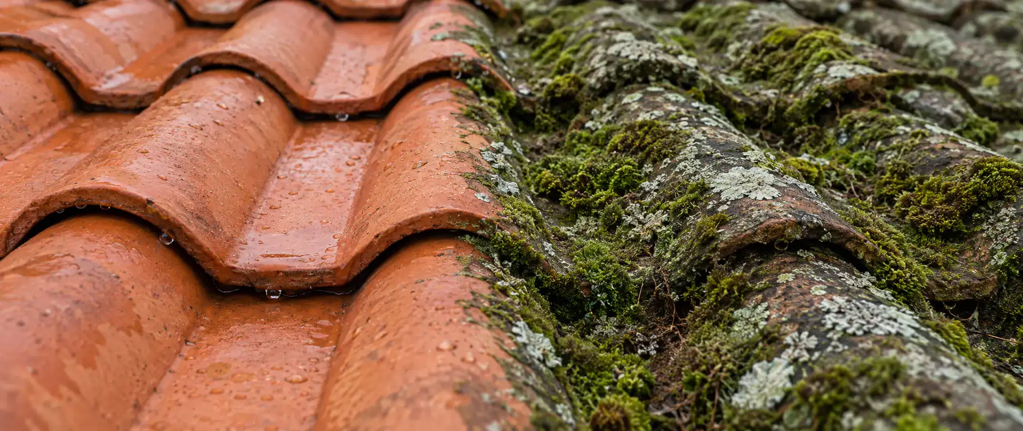 Démoussage de toiture à Dunkerque : tuiles en terre cuite nettoyées en regard de tuiles couvertes de mousse et de lichen