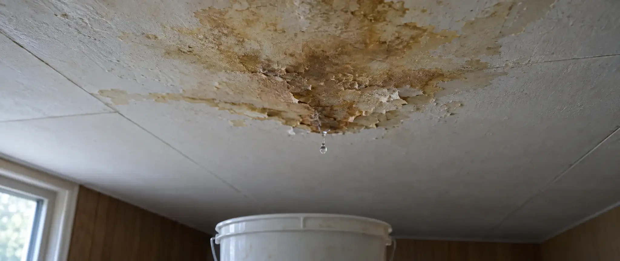 Fuite de toiture à Grande-Synthe : tache d’humidité au plafond d’une chambre et goutte tombant dans un seau