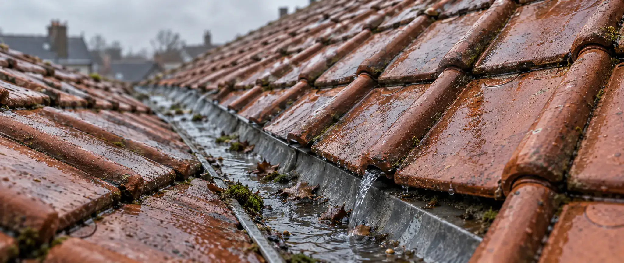 Fuite de toiture à Gravelines : eau qui déborde d’une noue en zinc entre deux versants de tuiles à emboîtement