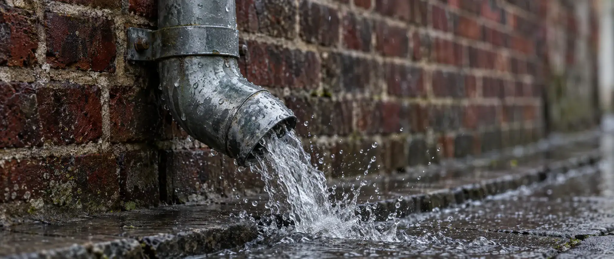 Zinguerie à Coudekerque-Branche : coude de descente en zinc rejetant l’eau de pluie au pied d’un mur de briques